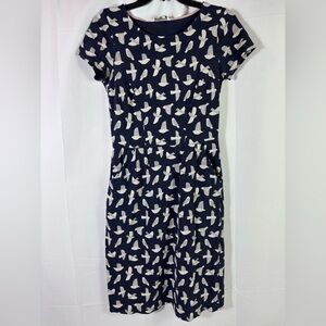 Boden Navy and White Bird Print Midi Dress 4R Pocket Preppy Cottagecore Garden